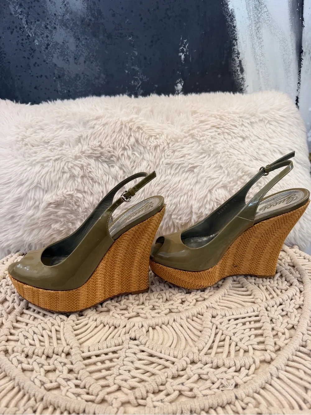 Gucci Olive Patent Leather Raffia Wedge Slingback